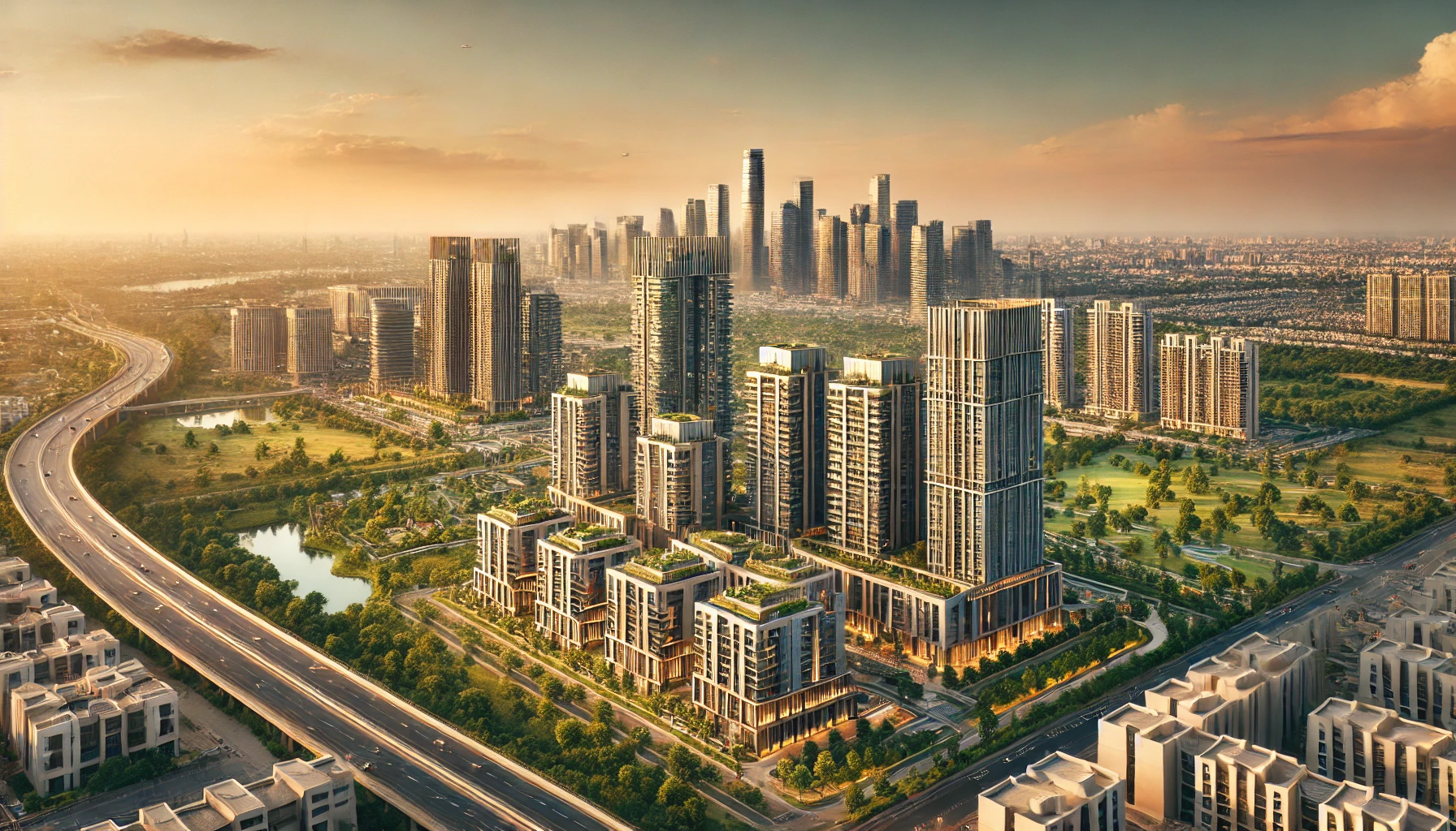 Gurgaon’s modern skyline with luxury high-rises and an upscale urban environment