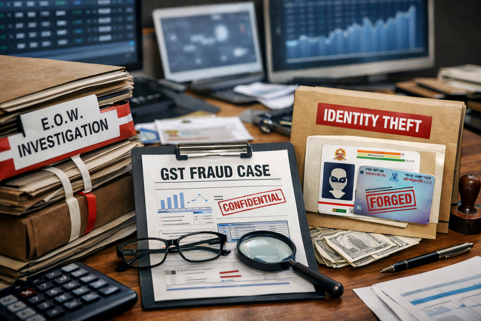 Financial investigation files during GST fraud probe involving identity theft in India